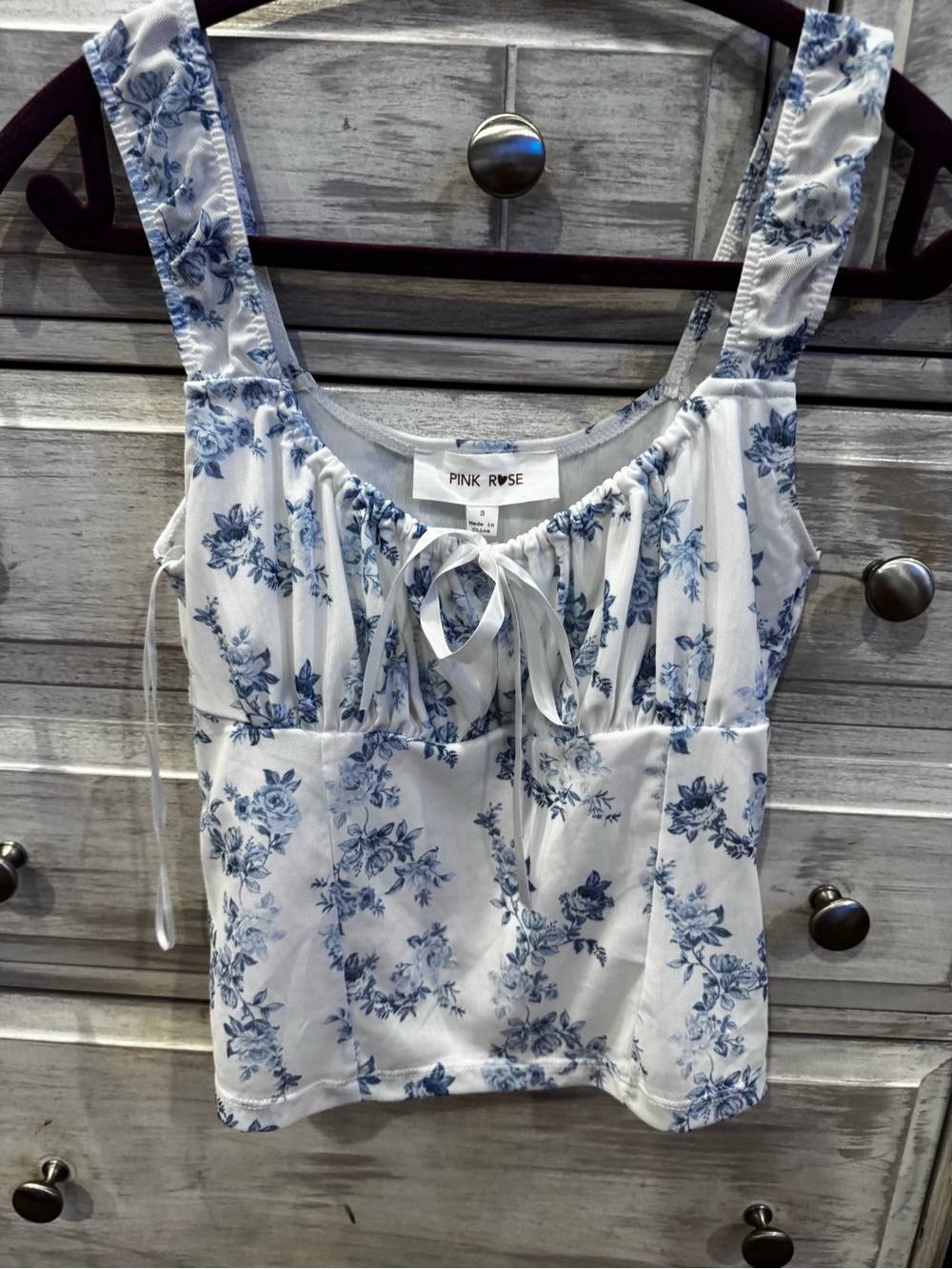 Pink Rose White and Blue Floral Tie-Front Camisole